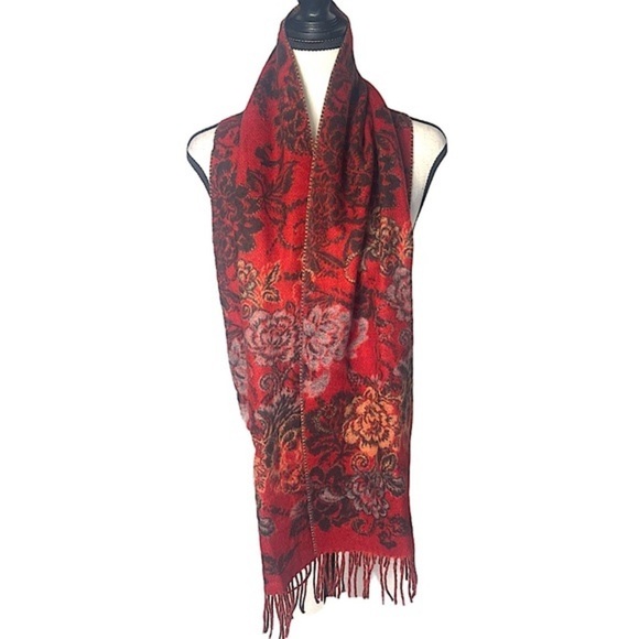 3/$20💥 NWOT Merona Floral Printed Scarf Deep Red Scarf w/ Fringe - Picture 2 of 7